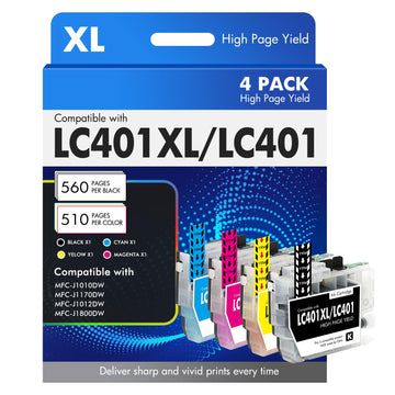 Cool Toner LC401XL LC401 MFC-J1010DW Ink Cartridges for Brother Printer LC 401 401XL for MFC-J1010DW MFC-J1170DW MFC-J1012DW MFC-J1800DW MFC J1010DW - 4 Pack High Yields Black Cyan Magenta Yellow