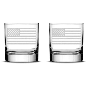 Integrity Bottles Set of 2 Premium American Flag Whiskey Glasses, Hand Etched Old Glory 10oz Rocks Glasses, Made in USA, Highball Gifts, Sand Carved