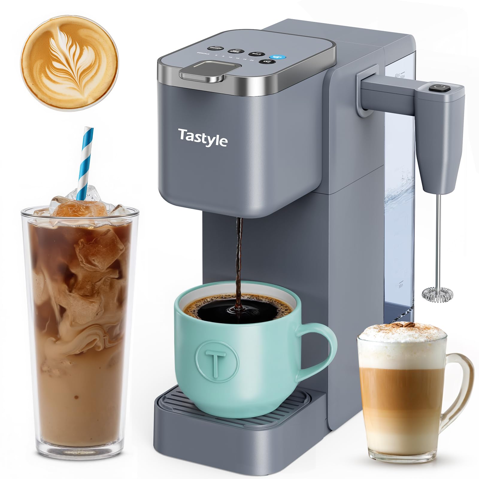 Tastyle 330MF Single Serve Coffee Maker with Built-in Detachable Milk Frother, Iced and Hot Coffee Machine for K Cup & Grounds, 40oz Removable Water Reservoir, 6 Cup Sizes, Fits 7.3" Travel Mug, Gray