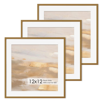 12x12 Metal Picture Frame with 8x8 Mat, Brushed Aluminum Finish, Attached Hanging Hardware, and Tempered Glass Front - Versatile Vertical or Horizontal Wall Display Frames(Bronze, Pack of 3)