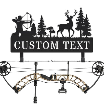 Archery Bow Hanger Wall Mount Personalized Metal Bow Holder with Custom Name Durable Steel Archery Rack Bow Storage with Archer and Deer Hunting Scene Wall decoration