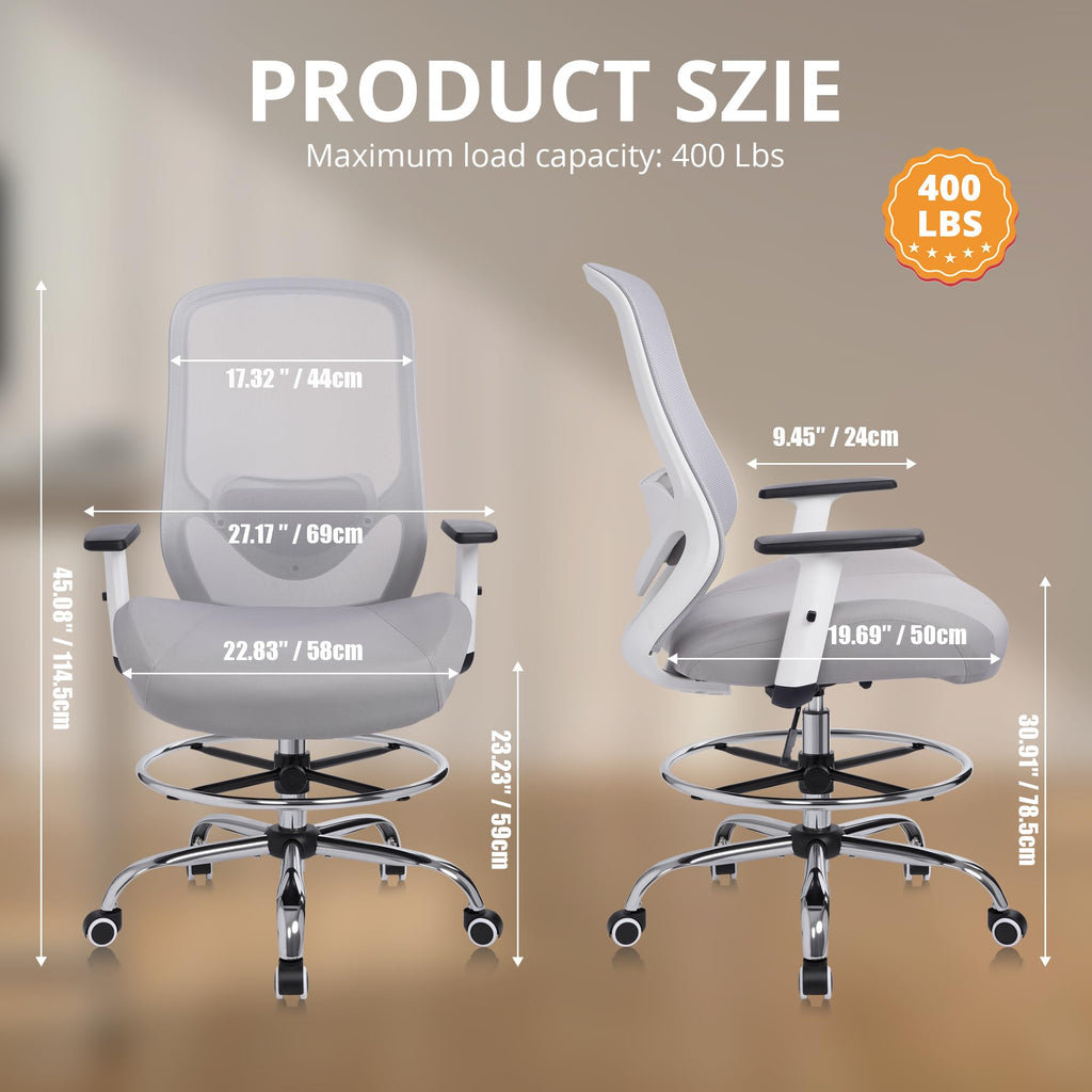 Drafting Office Chair Big and Tall 450lbs Heavy Duty for Standing Desk, 22.8 inches (W) x 19.6 inches (D) x 40 inches (H), Grey