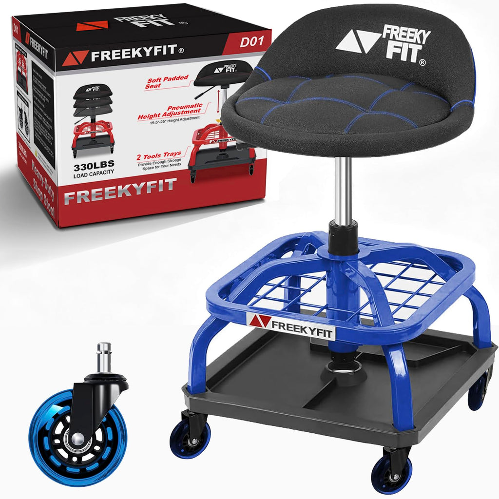 Freekyfit Rolling Stool with Blue Wheels,heavy Duty Garage Work Mechanic Rolling Shop Stool with Backrest, Adjustable Height 360°swivel Roller