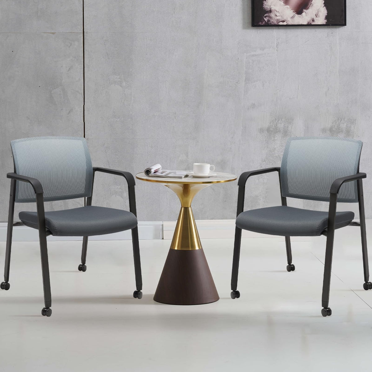Clatina Mesh Back Guest Reception Arm Chairs with Wheels, Waiting Room Chairs with Upholstered Fabric Seat and Ergonomic Lumbar Support for
