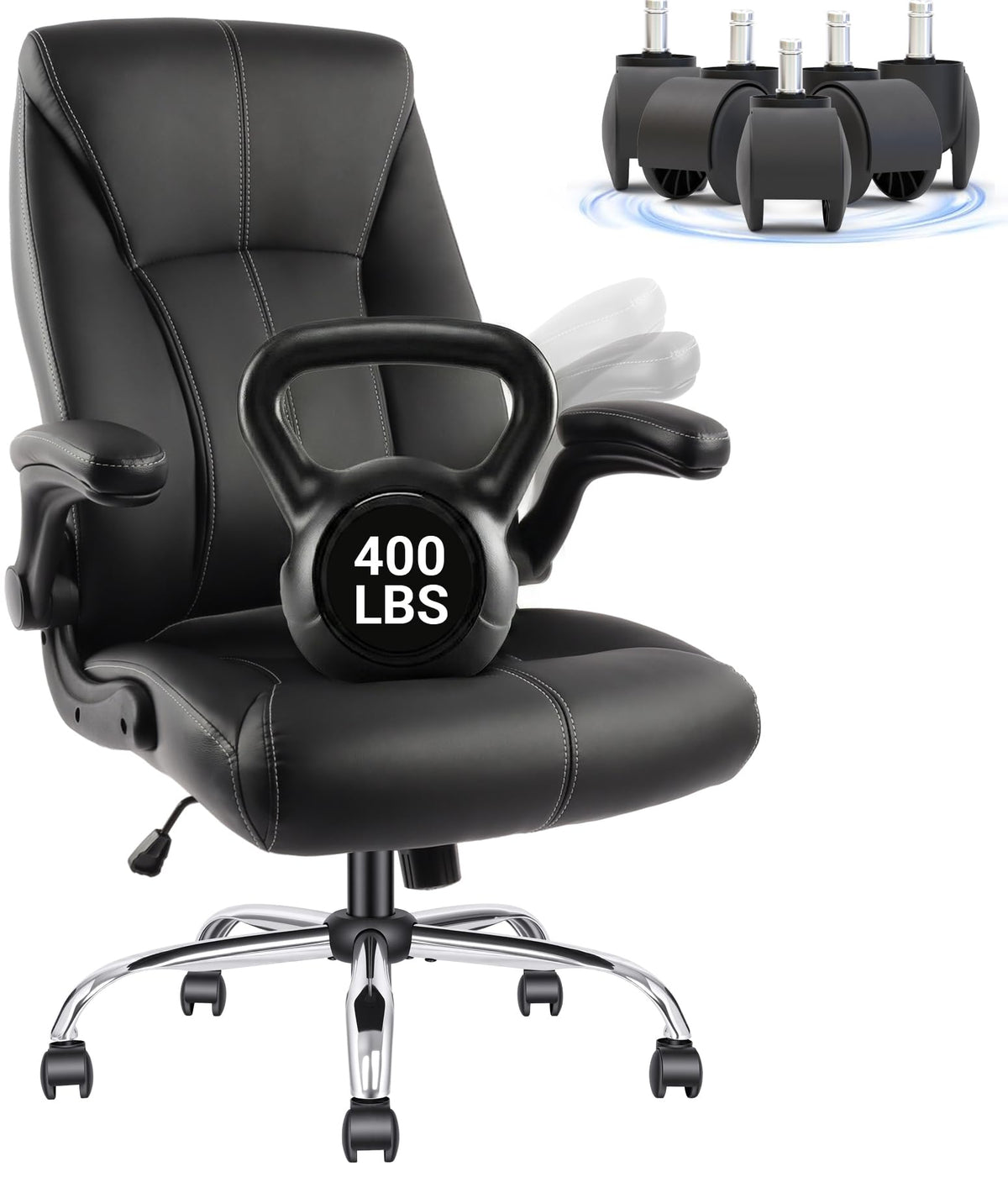 Big and Tall Office Chair for Heavy People, 400lbs High Back Extra Wide Executive Pu Leather Office Chair with Flip-up Armrests, Smooth Caster