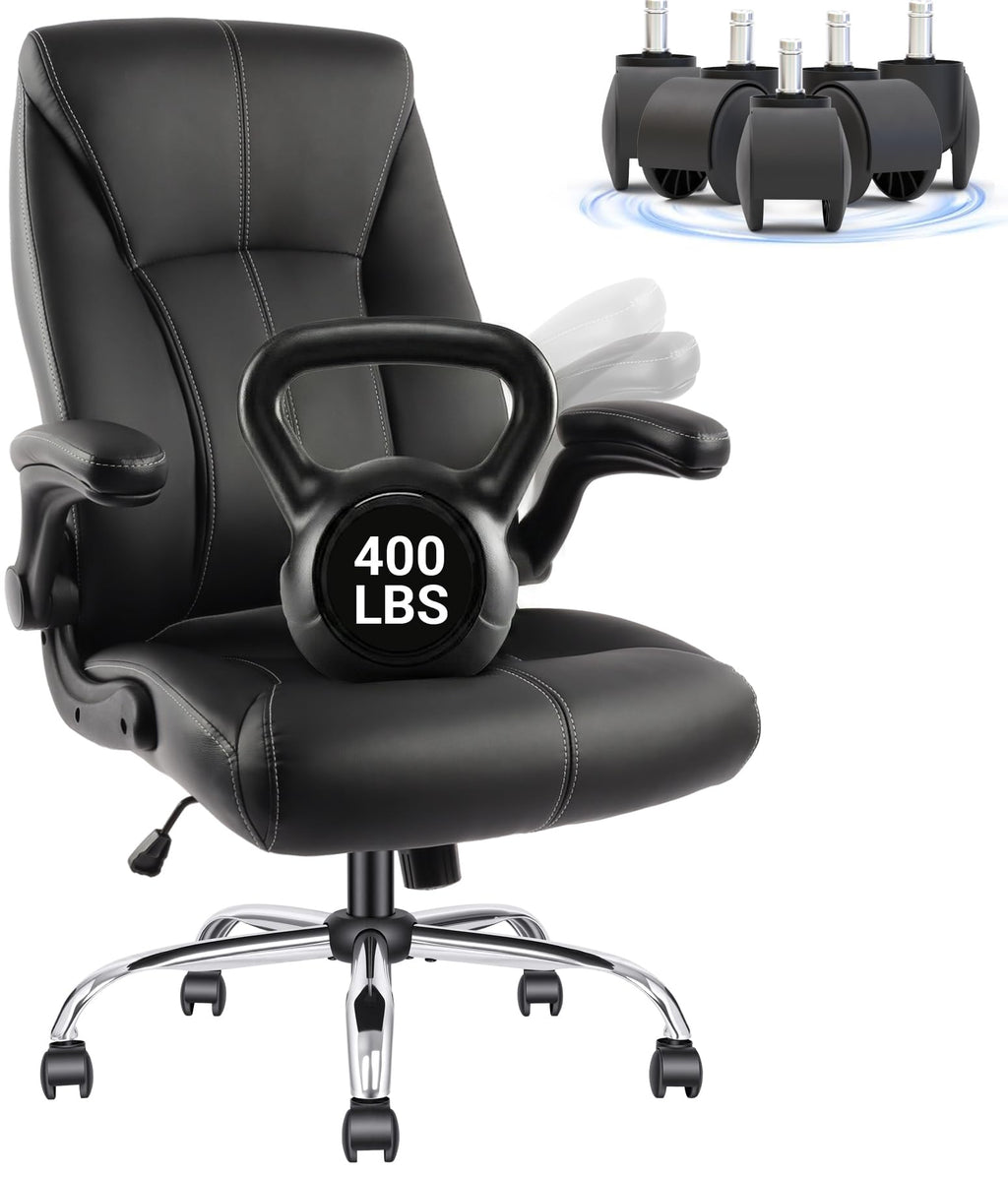 Big and Tall Office Chair for Heavy People 400lb, Executive Desk Computer Chair Adjustable Flip-up Armrests, Pu Leather Swivel Task Chair with
