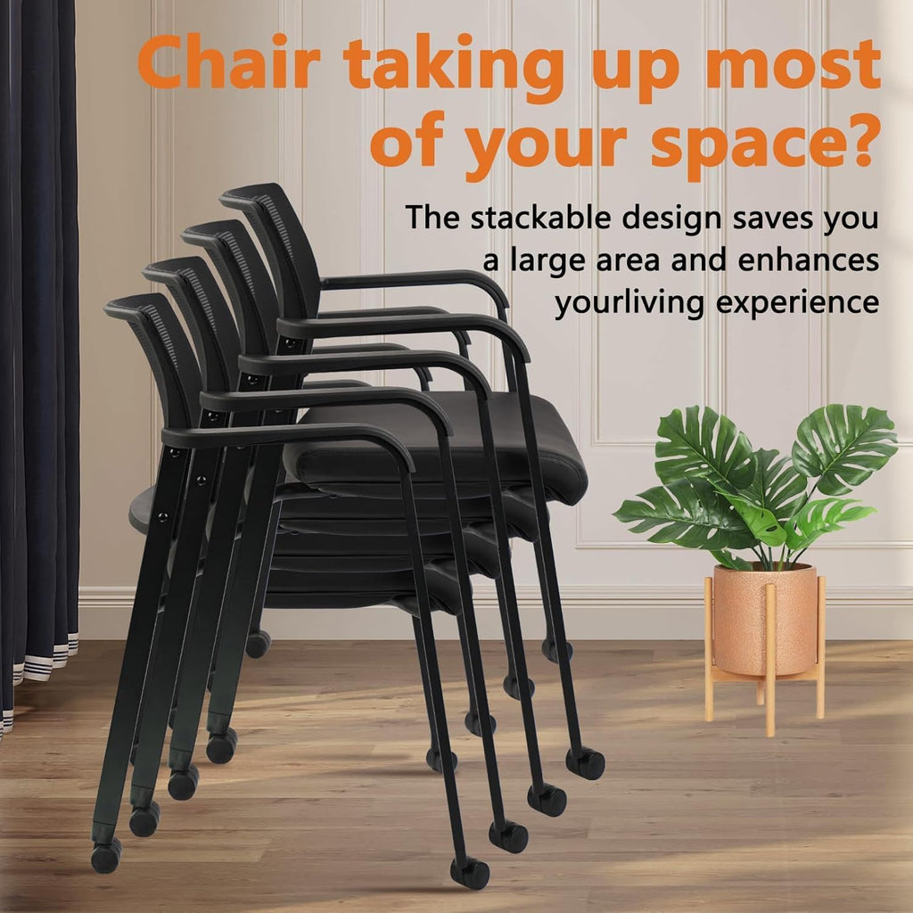 Clatina Stacking Office Chair with Wheels, Mesh Back Waiting Room Guest Chairs with Arms Comfortable Leather Cushion Stackable Desk Chair for