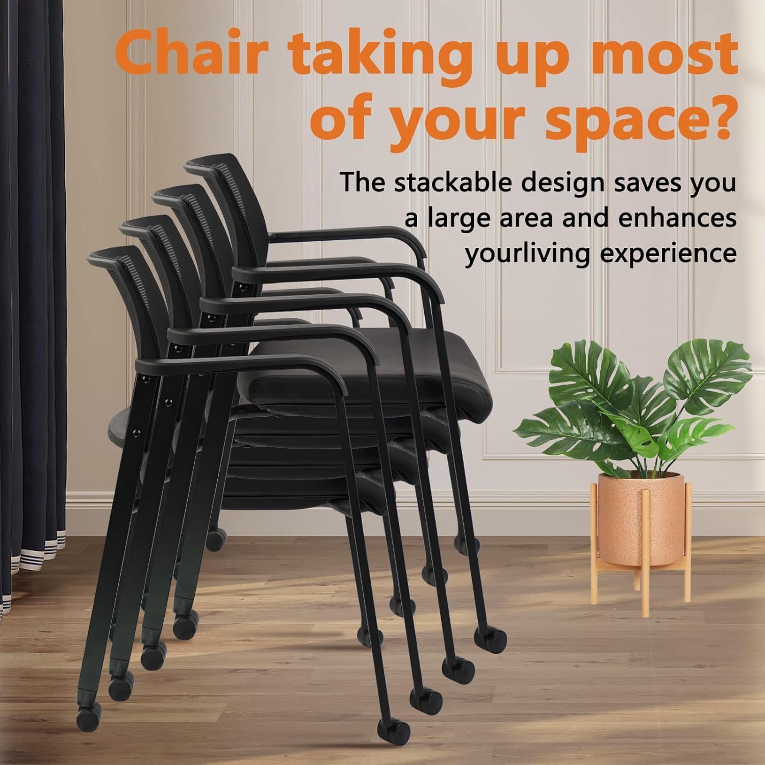 Clatina Stacking Office Chair with Wheels, Mesh Back Waiting Room Guest Chairs with Arms Comfortable Leather Cushion Stackable Desk Chair for