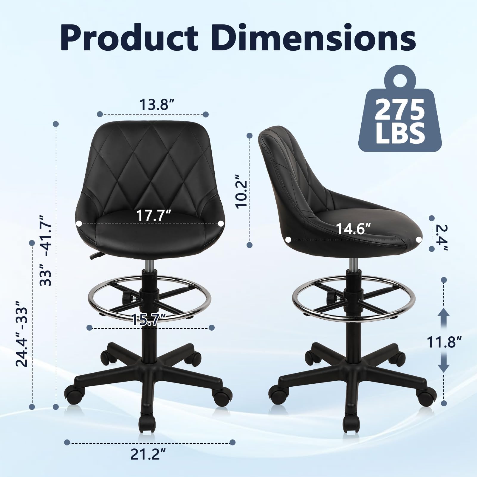 Klasika Drafting Chair with Back, Leather Rolling Swivel Stool with Adjustable Height and Footrest, Ergonomic Tall Standing Desk Office Chairs