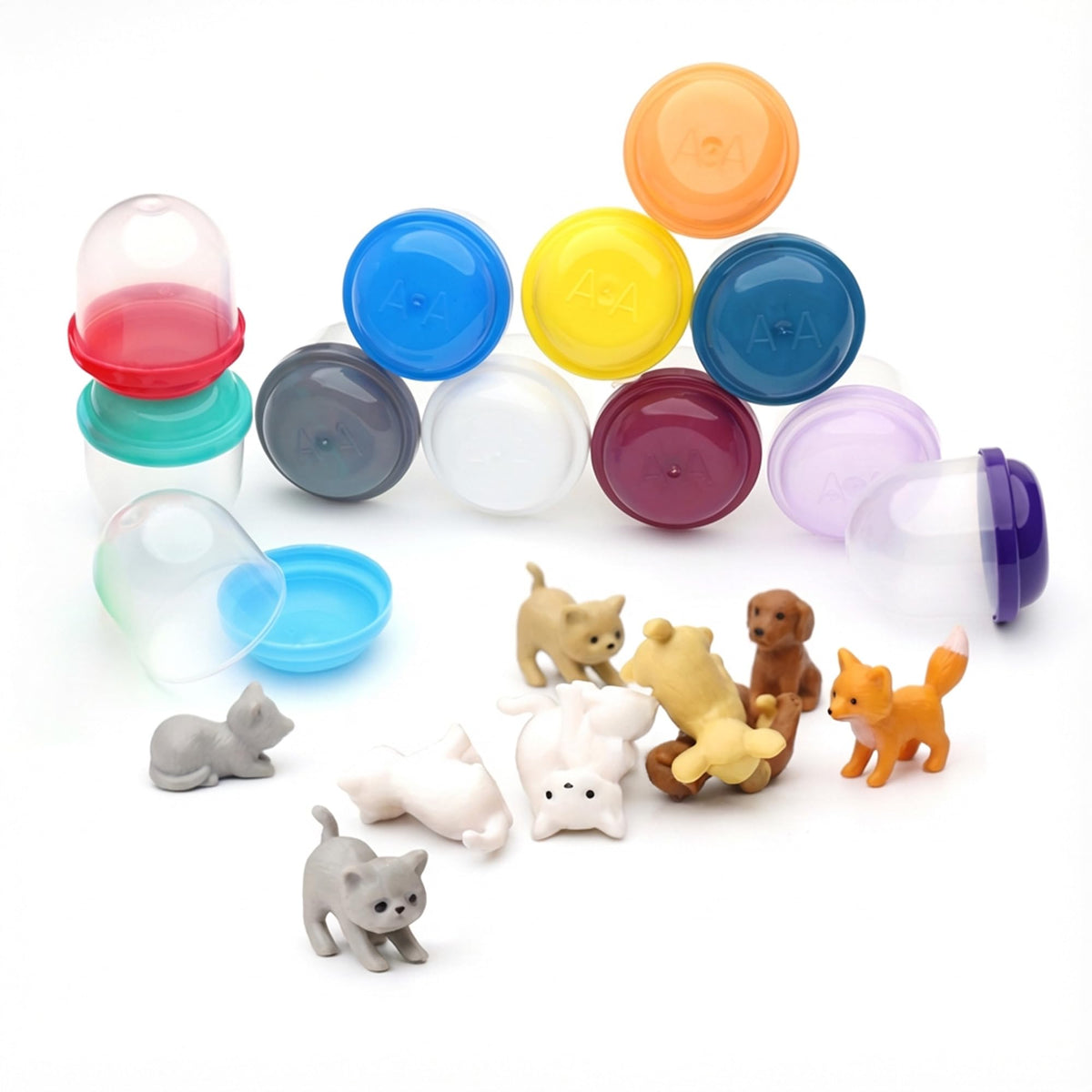 Pet Figurines Toys in Capsule - 50 Pcs - 1.1 Inch Plastic Capsules with Cute Dog and Cat Figurines for Kids - Bulk Toys for Easter Hunt Games - Vending Machines - Classroom Prizes