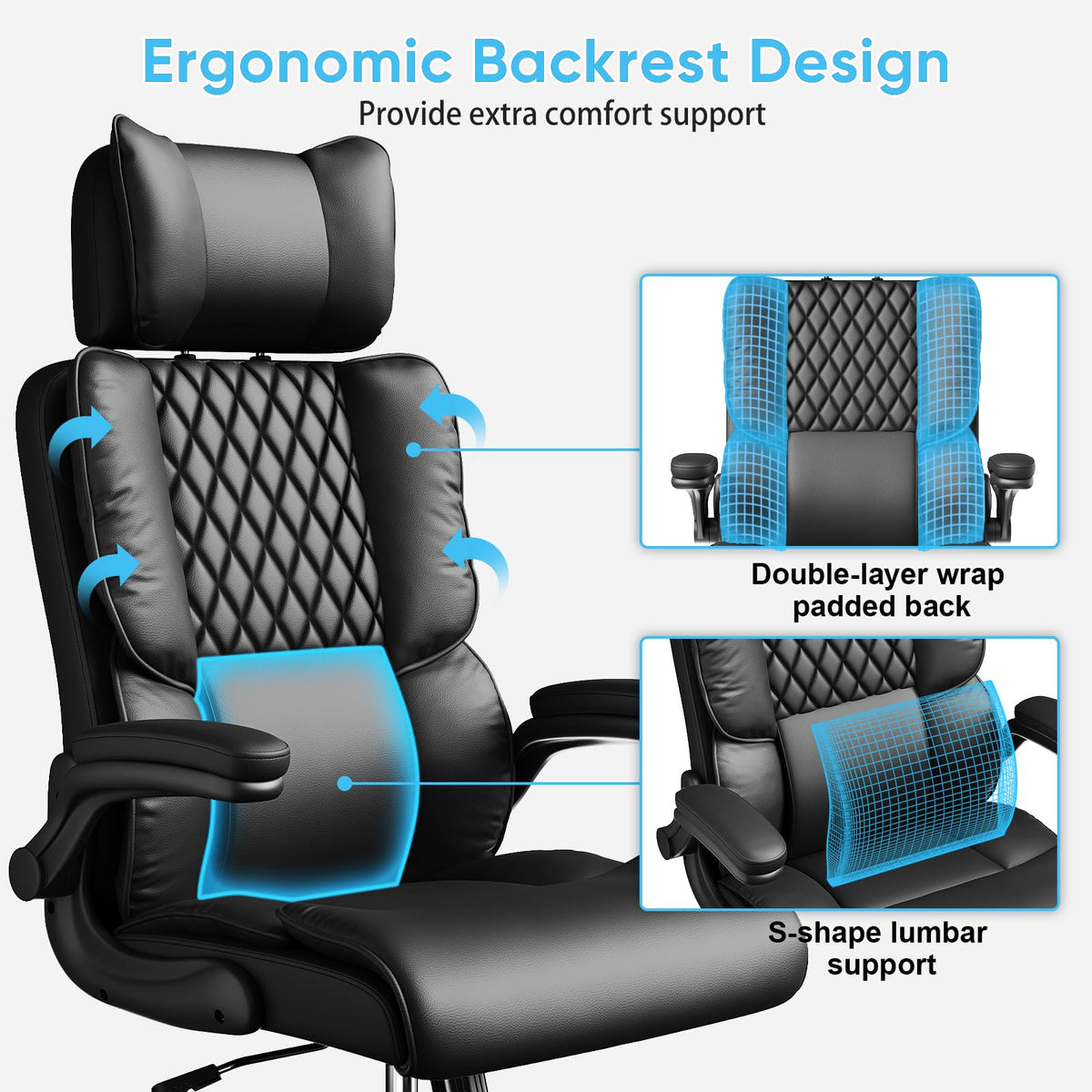 Sytas 400lbs Big and Tall Office Chair with Adjustable Headrest, 27.56 in x 23.62 in x 60 in, Black