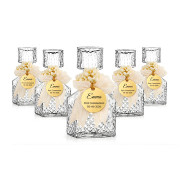 Personalized Holy Water Glass Bottle Favors with Gold Acrylic Tag – Gifts for Baptism, First Communion, Christening, Religious Wedding, Baby Shower, Ramadan Eid Hajj Mevlid (Bulk Options Available)