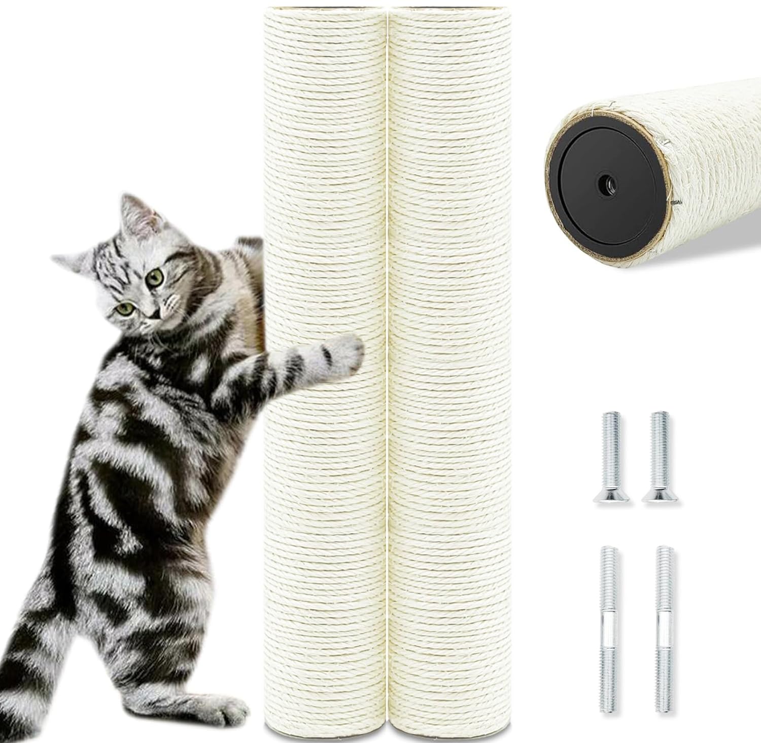 Cat Scratching Post Replacement Pole, 2 PCS 15.7in Cat Tree Replacement Post, Natural Sisal Cat Tree Replacement Parts with M8 Screws, Cat Scratch Post for Refurbishment (15.7in/40cm)