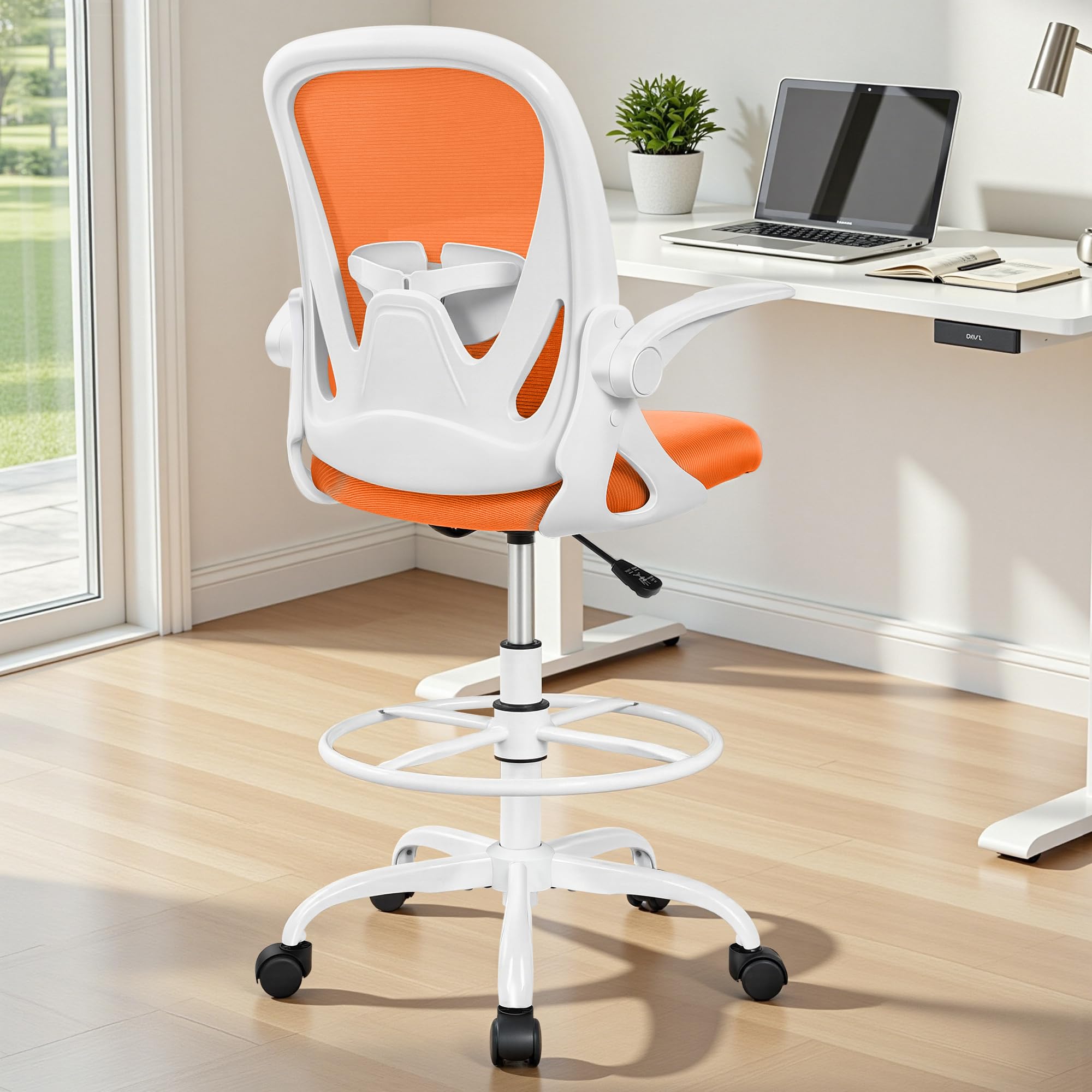 Primy Drafting Chair Tall Office Chair with Flip-up Armrests Executive Ergonomic Computer Standing Desk Chair with Lumbar Support and
