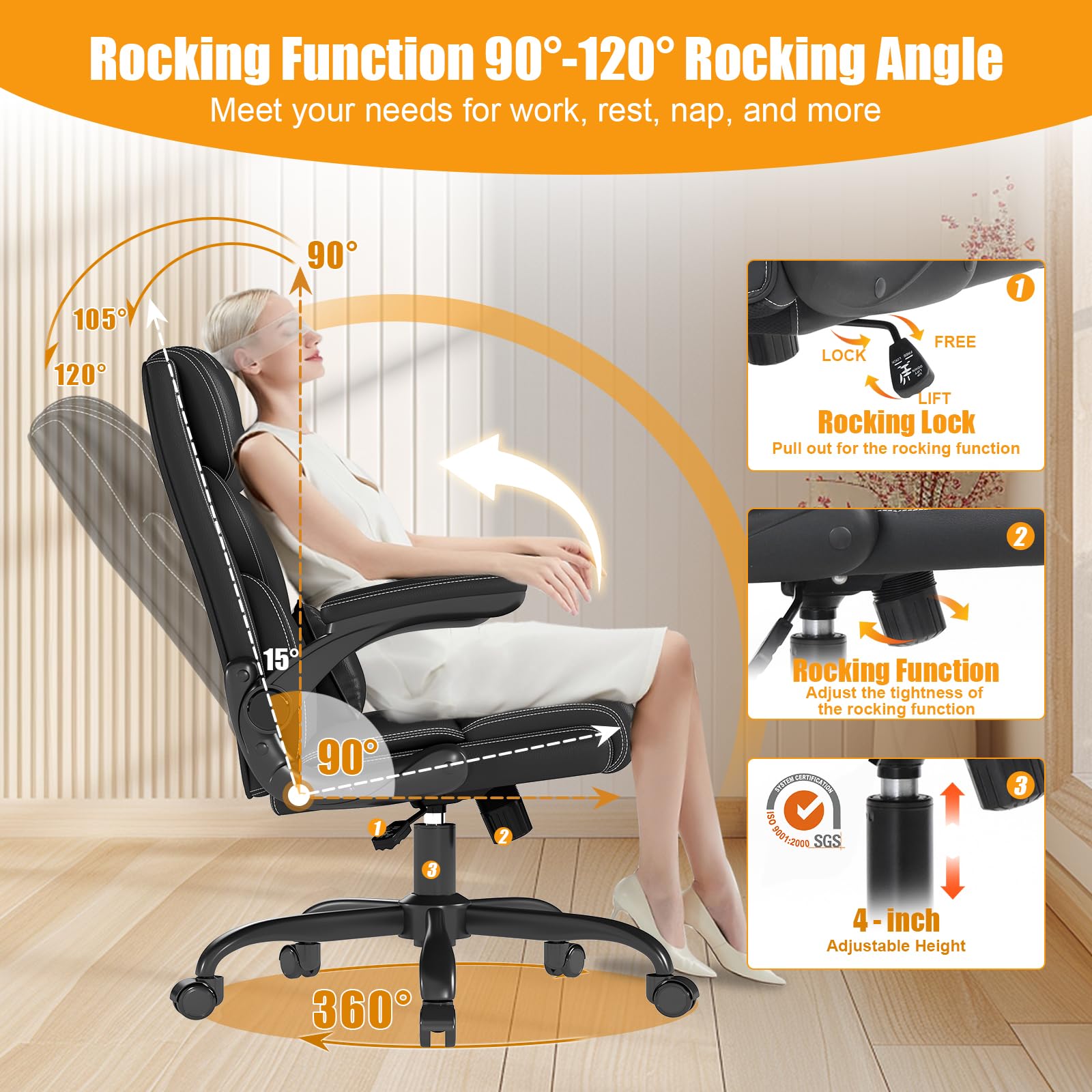 Executive Office Chair with Flip-up Armrests,ergonomic Computer Desk Chairs, Black