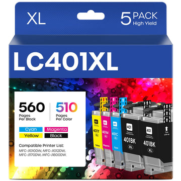 LC401XL Ink Cartridges Compatible for Brother LC401XL LC401 Ink Cartridges | High Yield Compatible with Brother MFC-J1010DW MFC-J1012DW MFC-J1170DW Printer (5 Pack, 2 Black, Cyan, Magenta, Yellow)