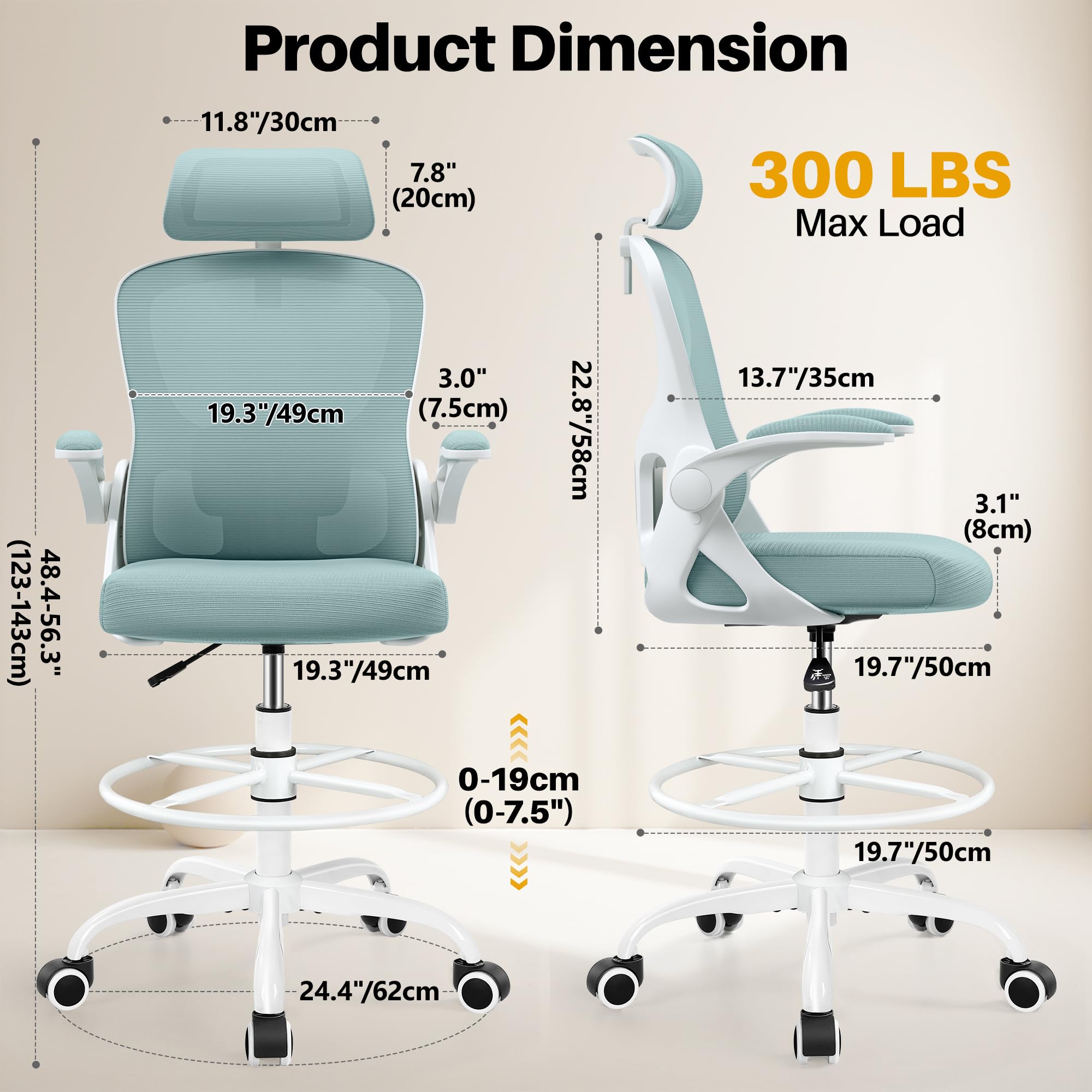 Finati Drafting Chair, Tall Office Chair for Standing Desk, Ergonomic High Back with Headrest, Lumbar Support, Foot Ring and Flip-up Armrests,
