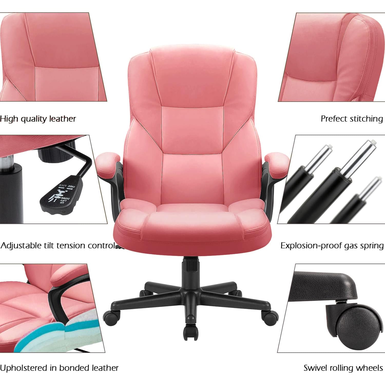 Furmax Office Executive Chair High Back Adjustable Managerial Home Desk Chair, Swivel Computer Pu Leather Chair with Lumbar Support (2, Pink)