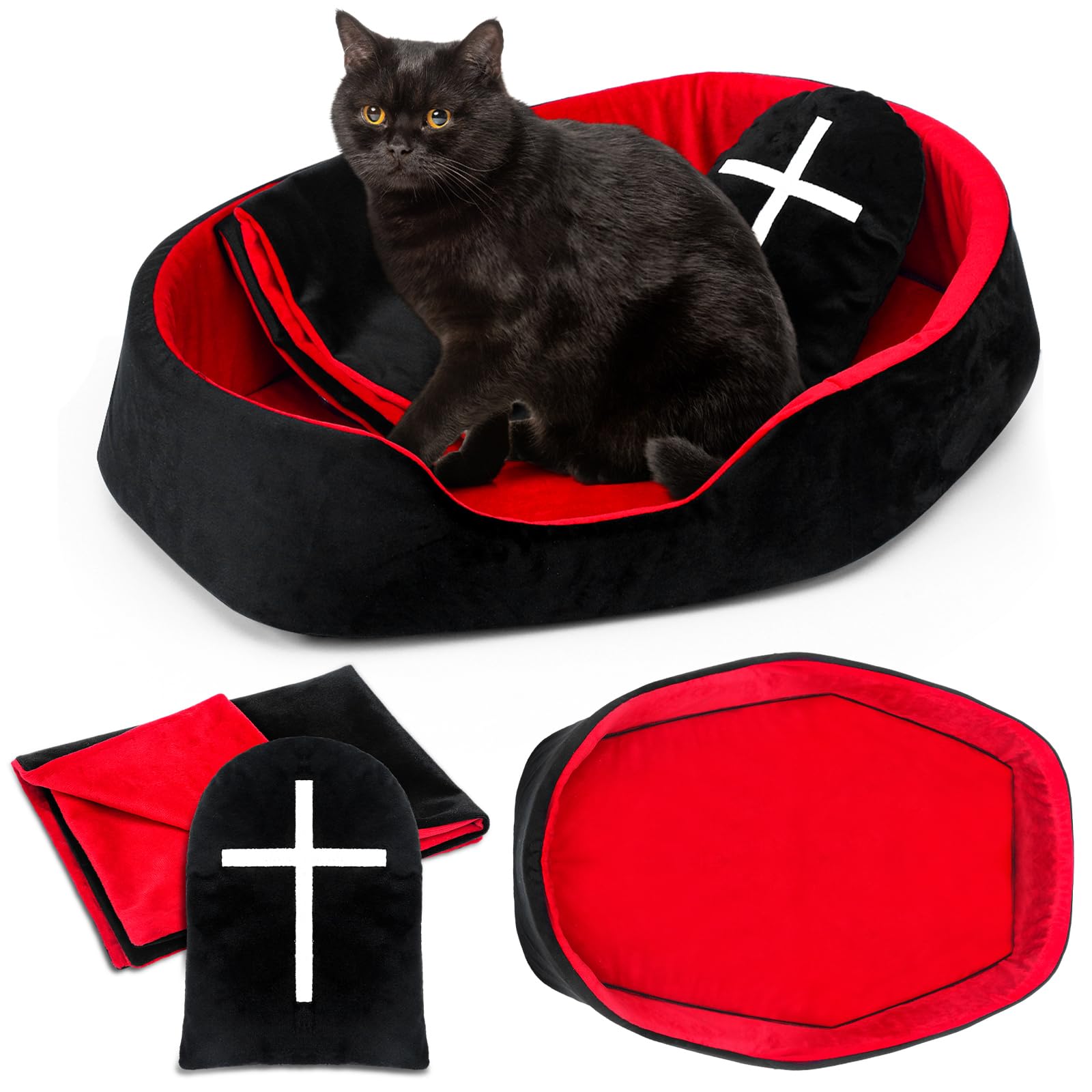3 Pcs Gothic Cat Bed Set with 19 Inch Washable Coffin Cat Bed Black Tombstone Pillow Red and Black Blanket Gothic Pet Furniture Activity Center for Halloween