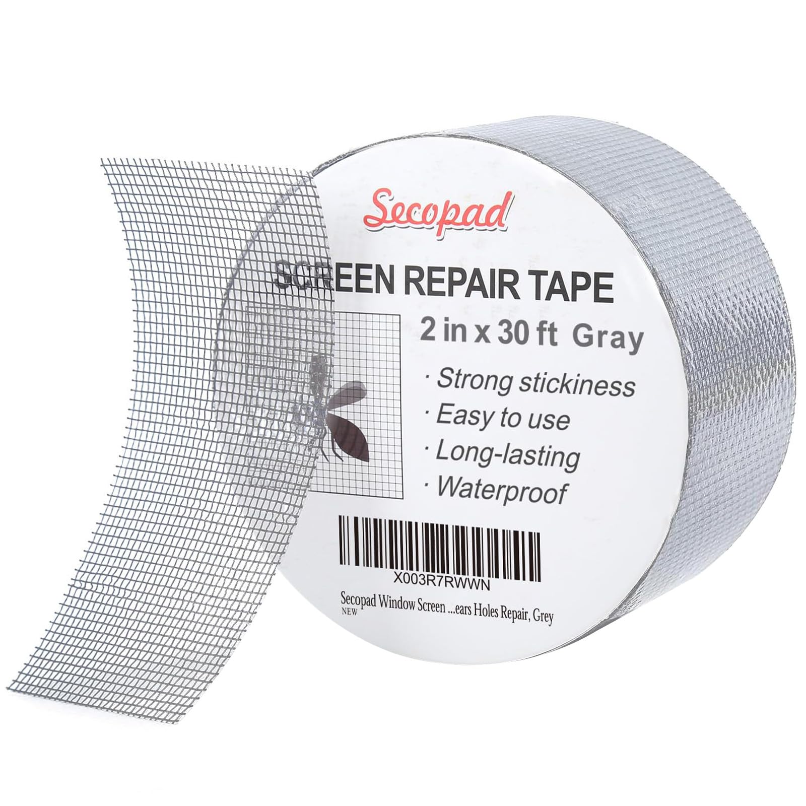 Secopad Grey Window Screen Repair Tape, 2IN X 30FT (360IN) Screen Repair Kit for Windows or Doors, Strong Adhesive Patch Kit Fiberglass Mesh Tape
