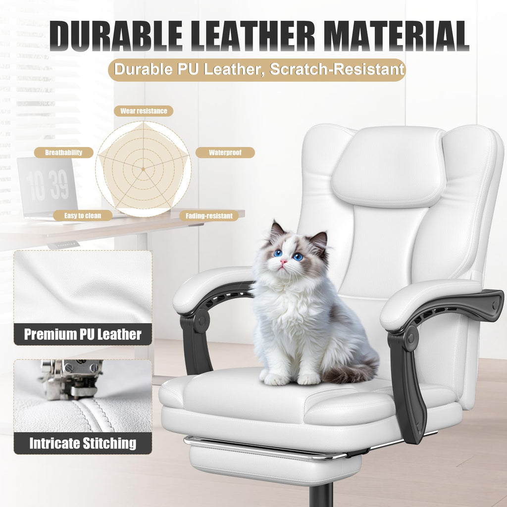 Ergonomic Office Chair with Foot Rest, 300 Lbs Executive Leather Desk Chair, White with Footrest