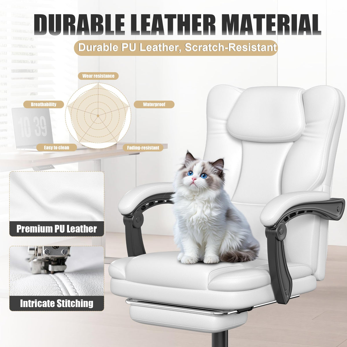 Ergonomic Office Chair with Foot Rest, 300 Lbs Executive Leather Desk Chair, White with Footrest