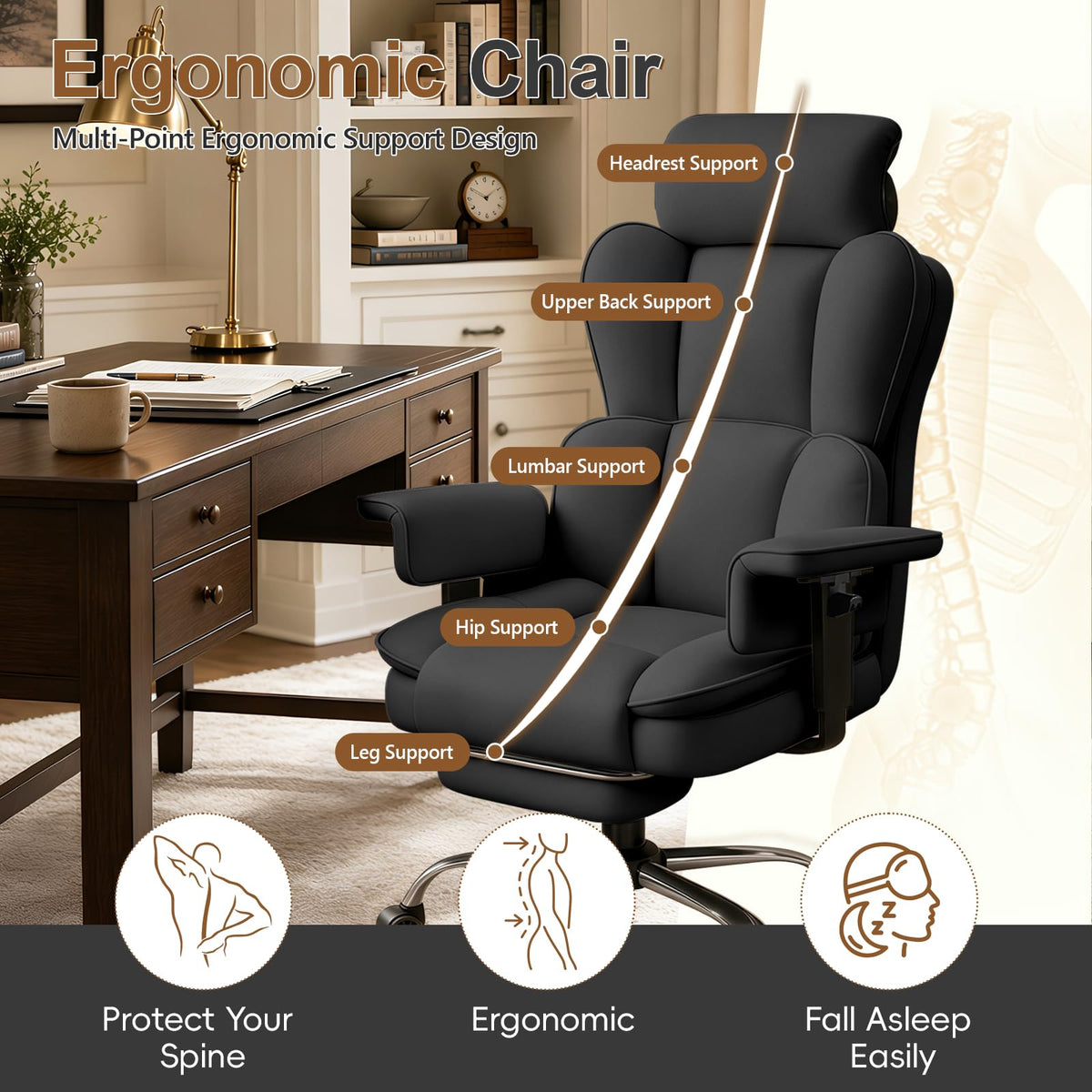 Xuegw Big and Tall Office Chair, Heavy Duty Executive Office Desk Chair Adjustable Armrests and Footrest, Pu Leather Computer Chair for Work