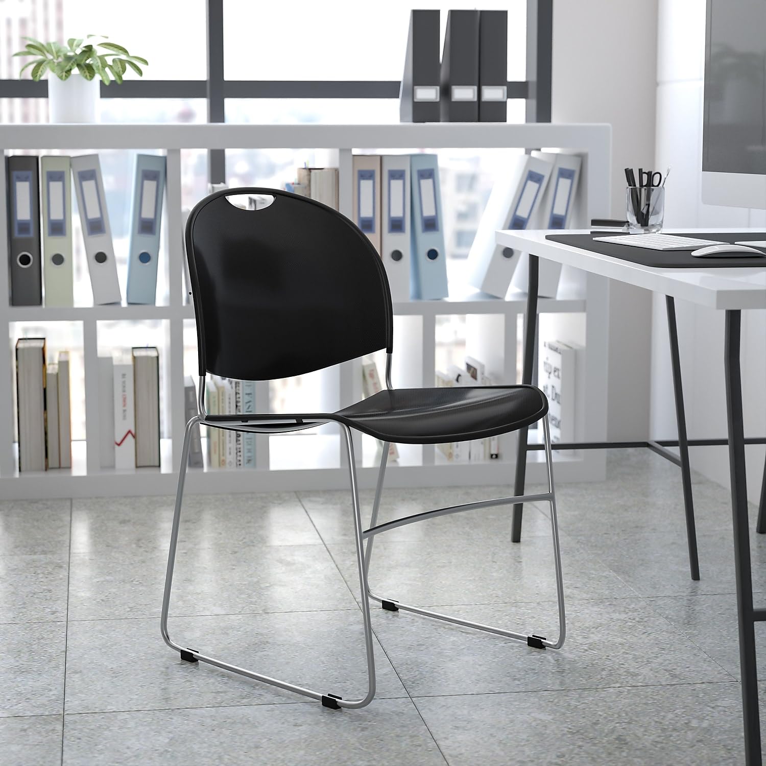 Flash Furniture Hercules Series 880 Lb. Capacity Black Ultra-compact Stack Chair with Chrome Frame, Set of 1, Black Plastic/chrome Frame