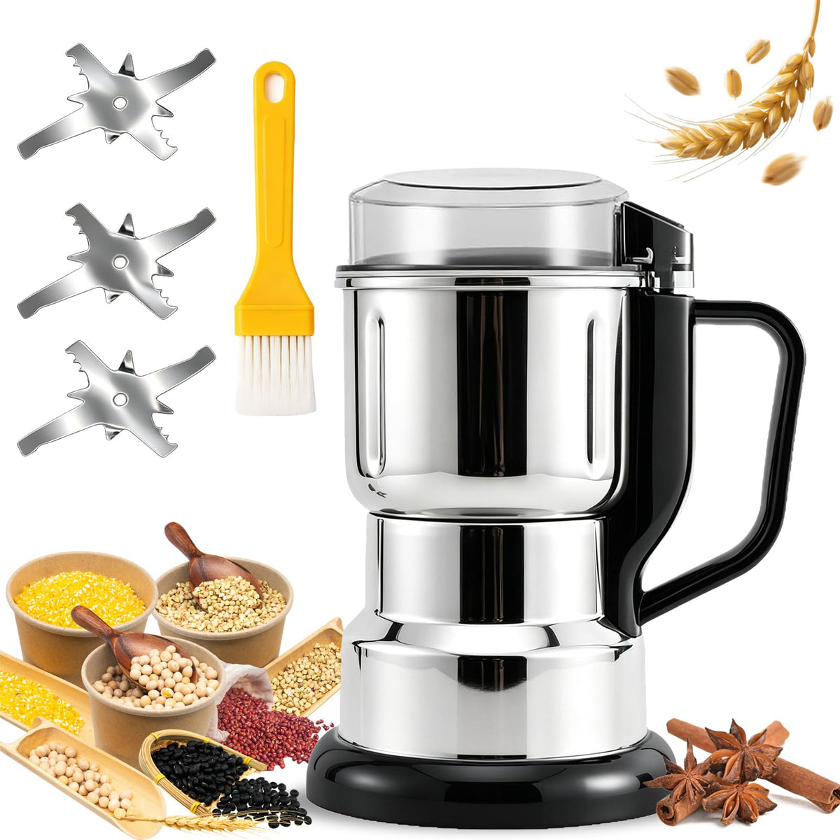 Electric Grain Mill Grinder - 304 Stainless Steel Grain Grinder Flour Mill Grinder for Home Fit for Grinding Wheat, Corn, Oats, Millet, Coffee Beans (Silver, 500g)