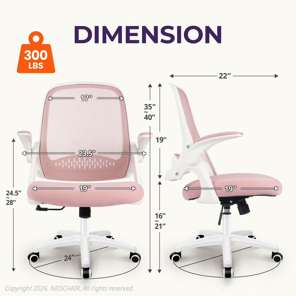 Neo Chair Office Desk Chair, Ergonomic Mesh with Flip-up Armrests, Pink, 4 ft 2 in (H) x 1 ft 9.5 in (W) x 1 ft 8 in (D)
