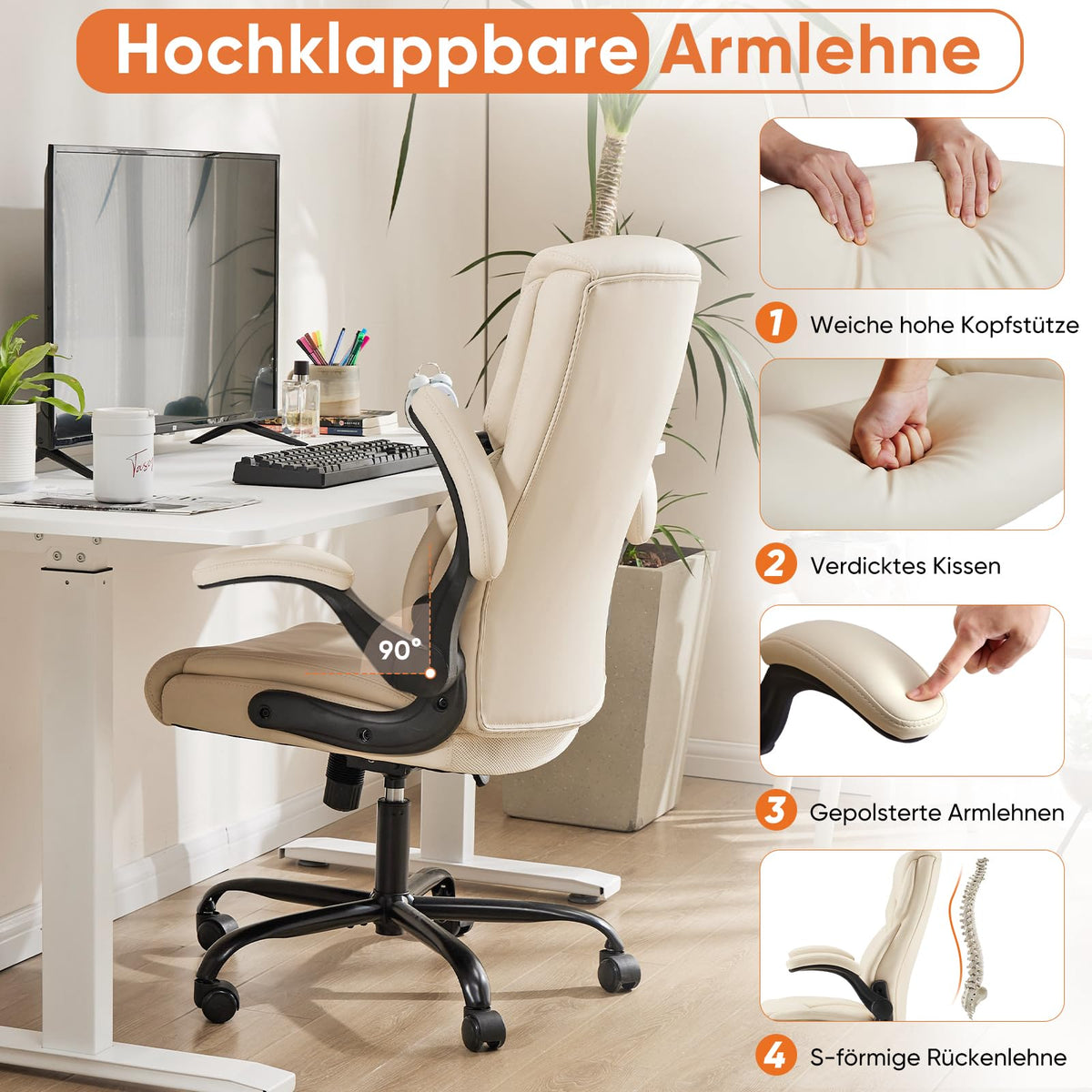 Sweetcrispy Computer Gaming Chair, Ergonomic High Back Heavy Duty Task Desk Office Chairs with Wheels, Flip-up Arms, Adjustable Height, Pu