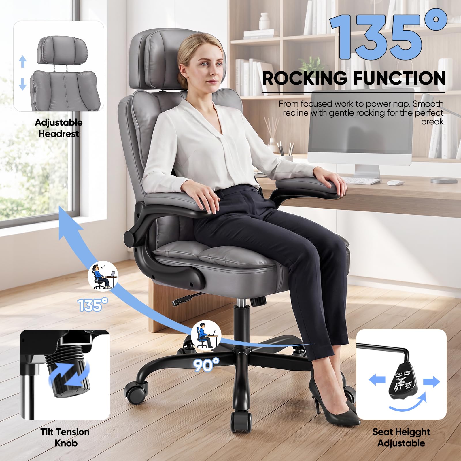 Kensaker Ergonomic Executive Office Chair with Adjustable Headrest & 90° Flip-up Arms, High Back Pu Leather Computer Desk Chair with 135°
