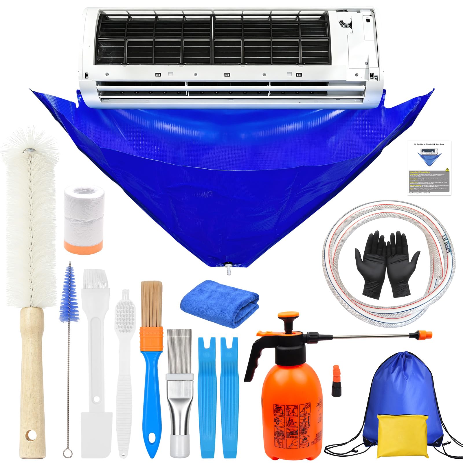 16PCS Mini Split Cleaning Kit - with 2L Pressure Sprayer, Water-Resistant PVC Bag, Brush Set and Extra Fin Comb, Wall Mounted Air Conditioner Tools - for Home DIY Maintenance