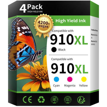 INK4U 910XL Ink Cartridges Combo Pack Compatible Replacement for HP 910XL 910 Ink Cartridges Work with OfficeJet Pro 8020 8025 8028 8030 8035 8010 8015 8018 8022 Printer (1BK/1C/1M/1Y, 4 Pack)