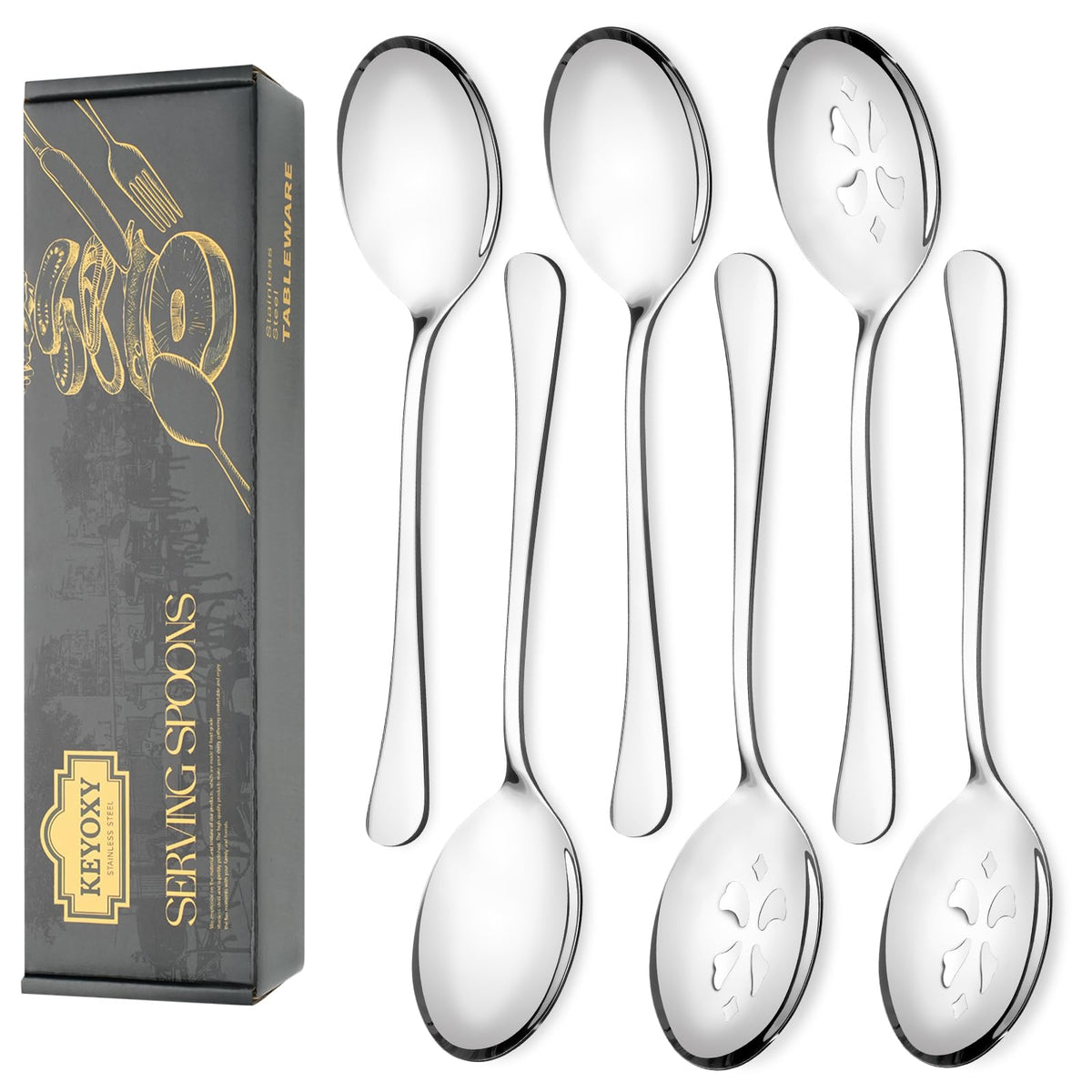 6 Piece Stainless Steel Serving Spoon Set - 3 Large, 3 Slotted,Dishwasher Safe,10-Inch,for Parties/Kitchen/Buffet/Catering