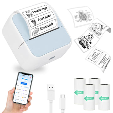 Sticker Printer, Portable Thermal Bluetooth Inkless Label Maker with 4 Roll Paper, Mini Sticker Maker Machine for Student, Teacher, School, DIY - Blue