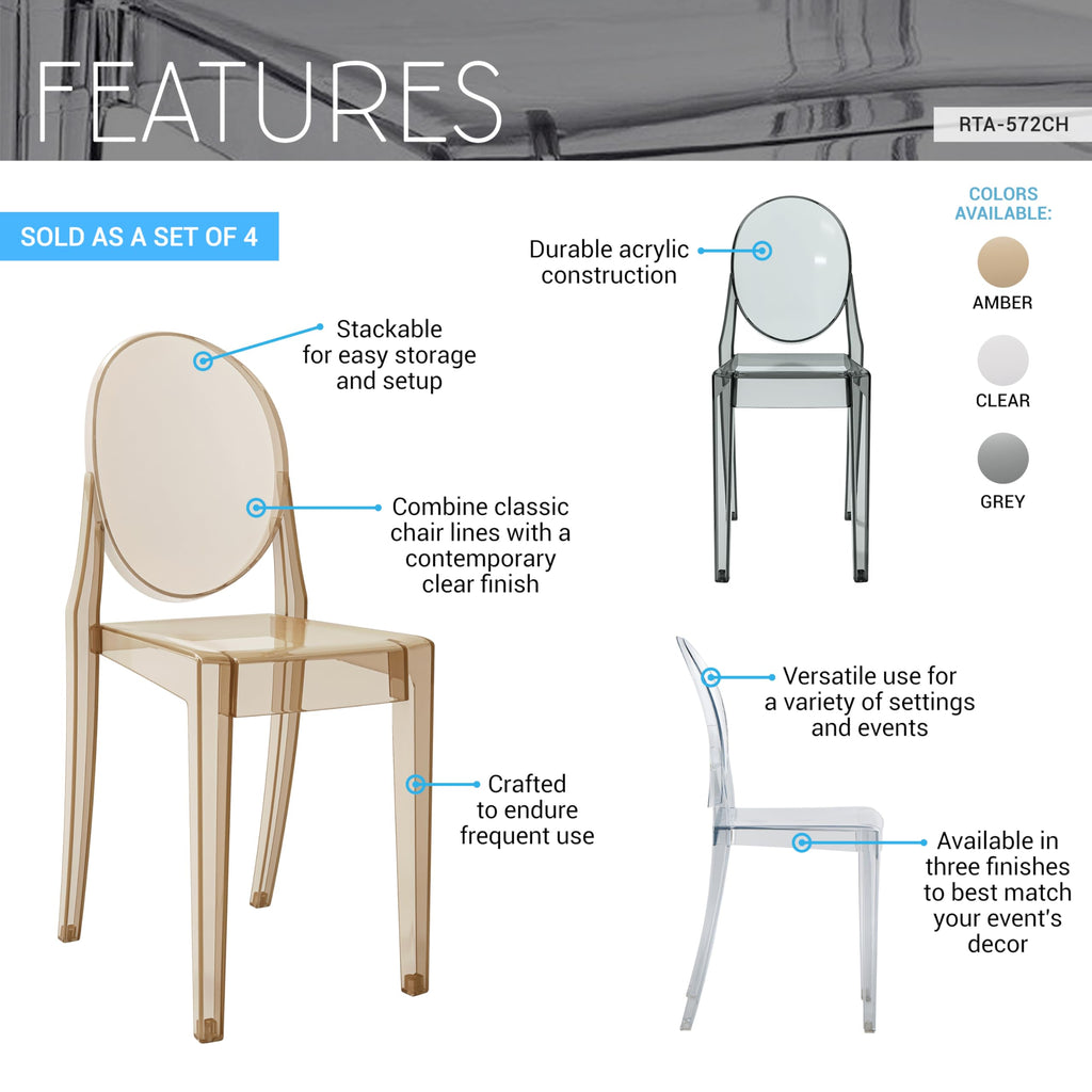 Techni Home Ghost Chairs, Stackable Acrylic Event Chairs, Set of 4, Amber, 14.5" W x 20" D x 35.5" H