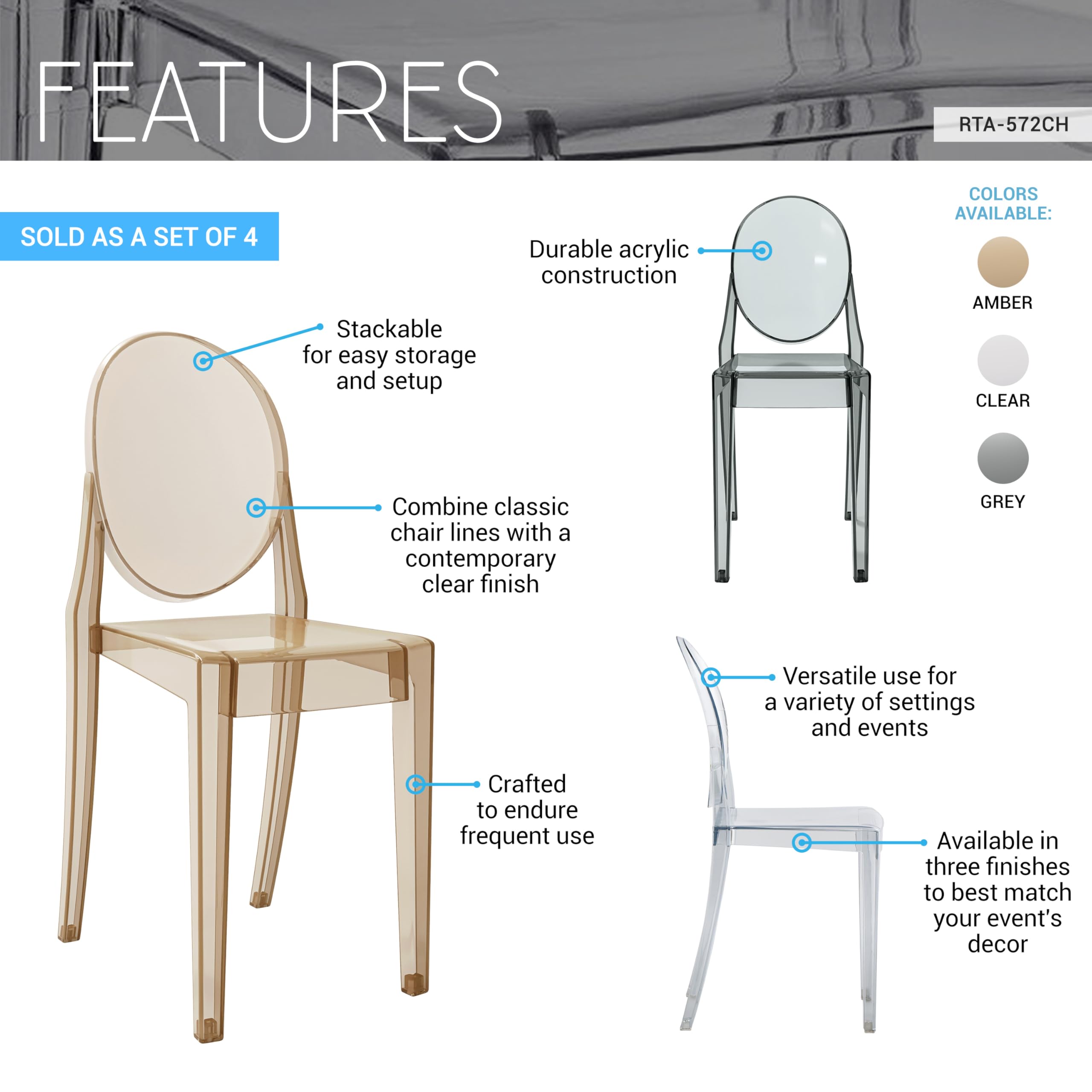 Techni Home Ghost Chairs, Stackable Acrylic Event Chairs, Set of 4, Grey, 14.5" W x 20" D x 35.5" H
