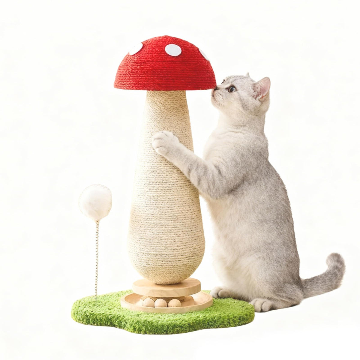 Mushroom Cat Scratcher Tower, Interactive Ball Track Spring Ball Cat Scratching Post, Sisal Kitty Activity Center for Indoor Cats & Kittens, Sturdy Wide Base 25.2 Inch - Red