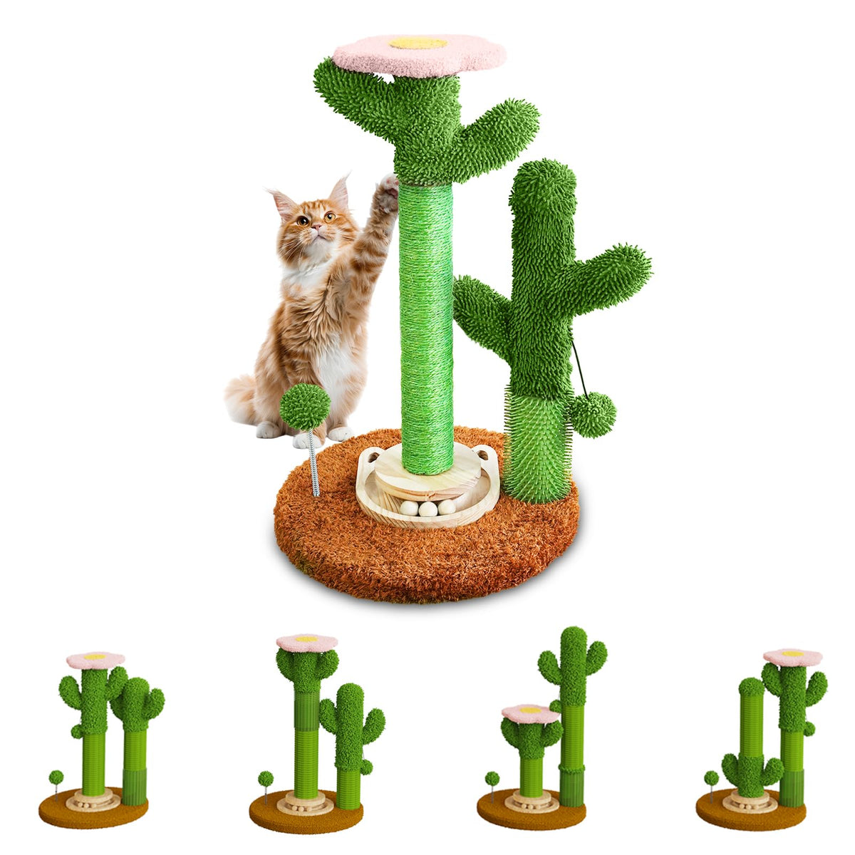 2026 New DIY 9+ Installation Styles 42" Cactus Cat Scratching Post with Self-Grooming Brush and Ball Toy | Modular Sisal Cat Scratching Post for Indoor Cats and Kittens, Customizable Cat Furniture