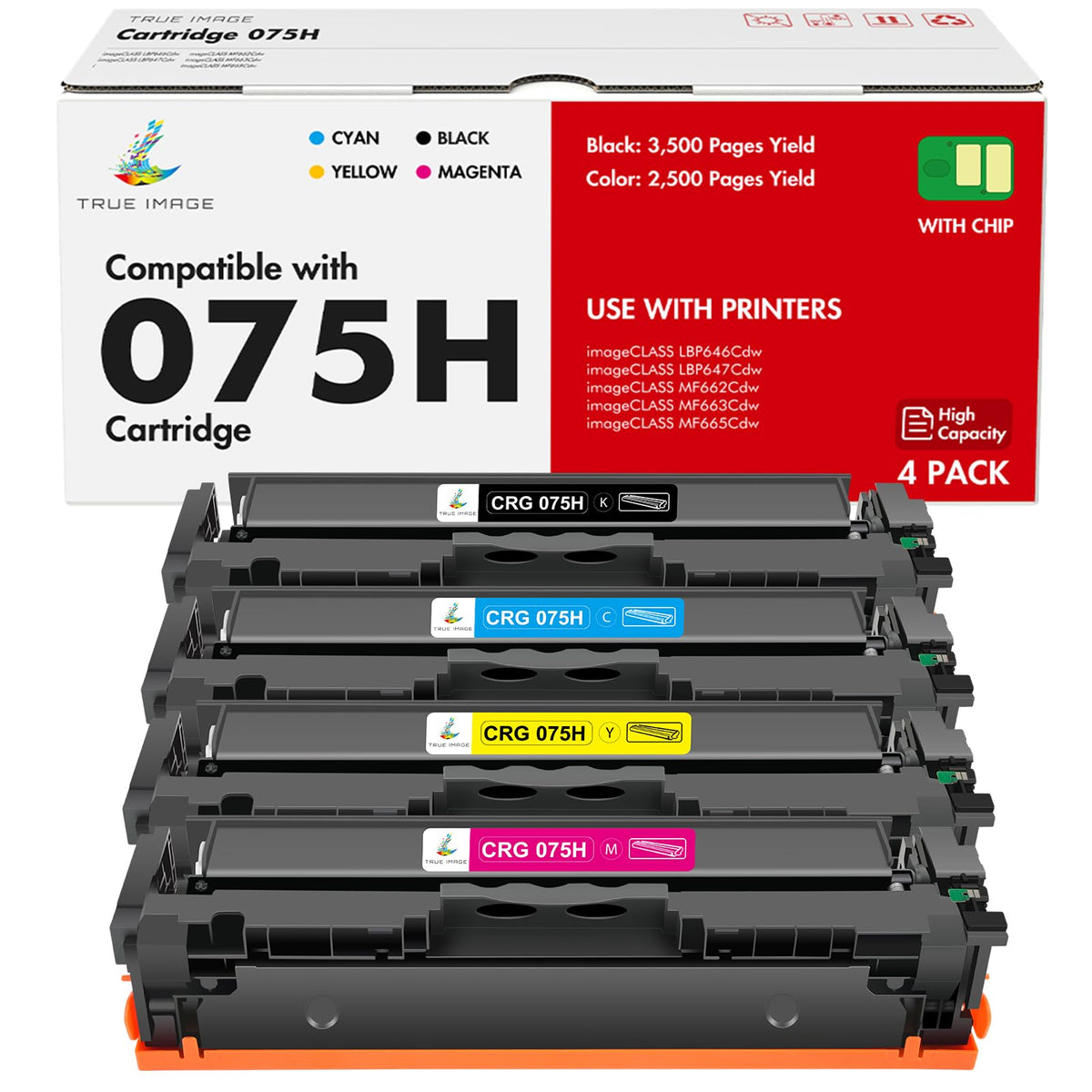 075H Toner Cartridge Set 075 MF663Cdw MF665Cdw LBP646Cdw Compatible for Canon Color ImageCLASS MF660c LBP640c MF662CDW LBP647Cdw MF660 LBP640 Printer 4 Pack High Capacity Ink Black Cyan Yellow Magenta