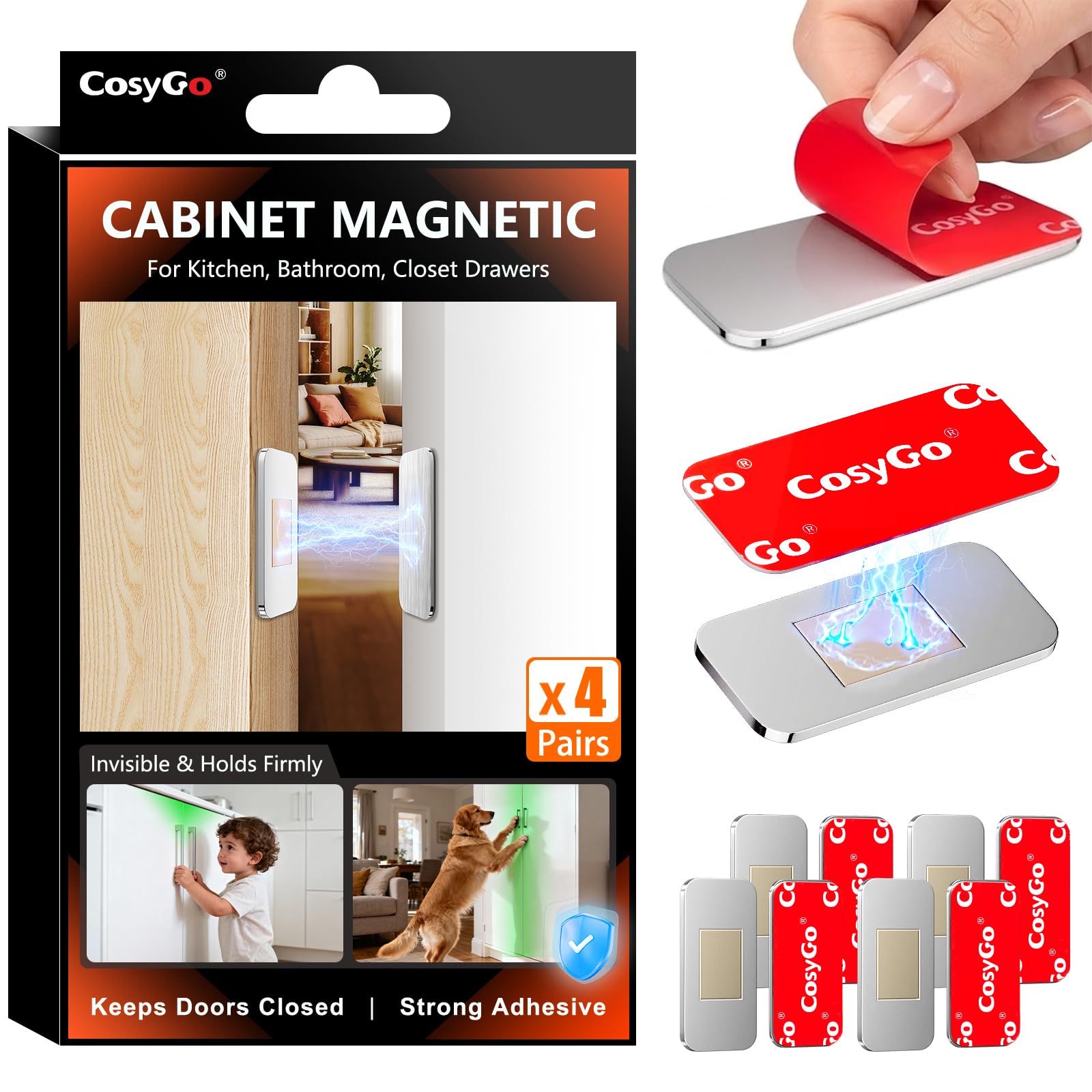 4Sets Extra Strong Magnetic Cabinet Door Catch, No-Drill Invisible Ultra Thin Magnets for Cabinet Door Closure, Drawer Magnets with Strong Adhesive to Stay Closed