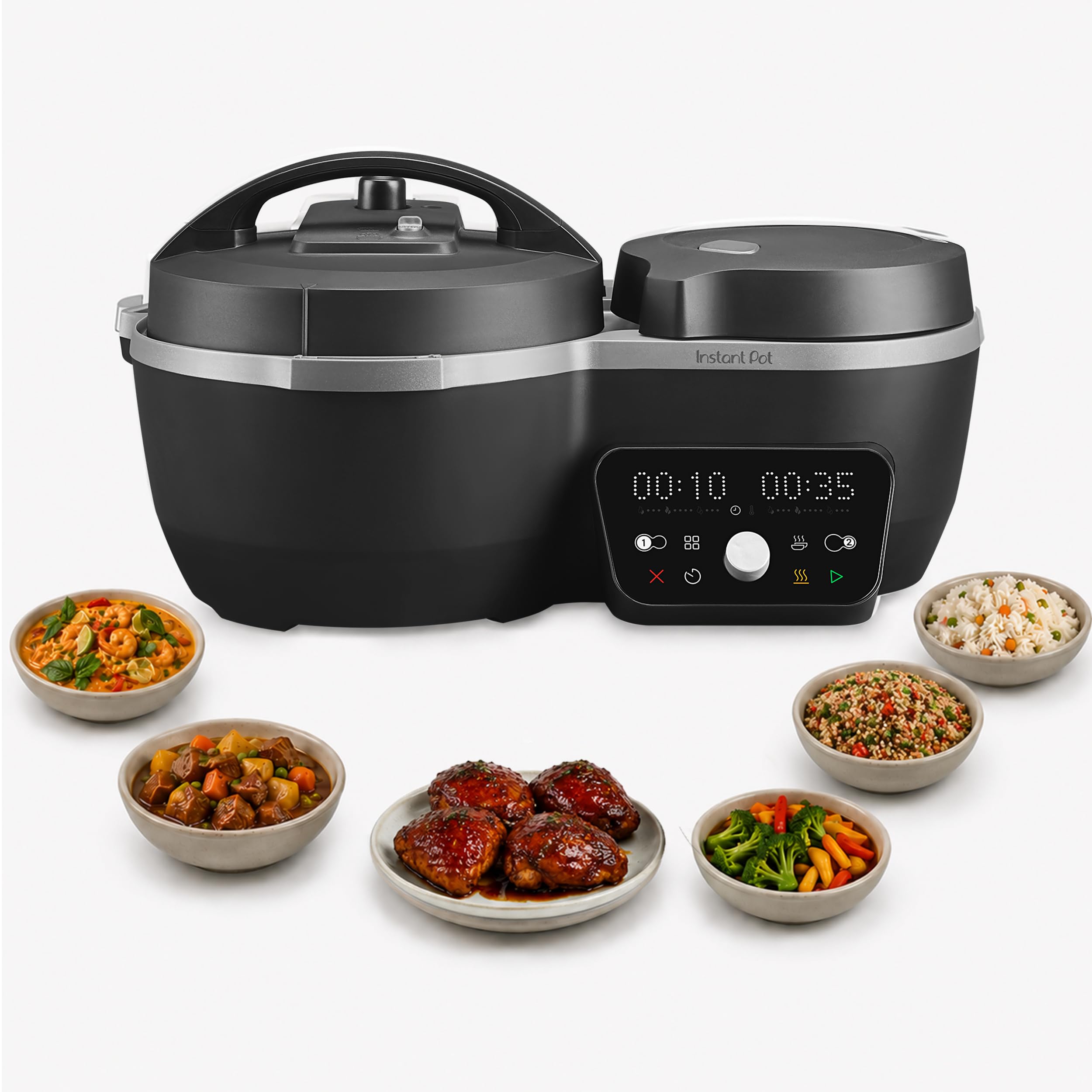 Instant Pot Dual Action 8?in?1 Multi-Cooker with Serve Together™ Smart Timing, 4Qt Pressure Cooker & 2Qt Rice Cooker, Cook Mains & Sides Together, Fast Cooking, PFAS-Free Pot*, Sauté, Slow Cook, Black