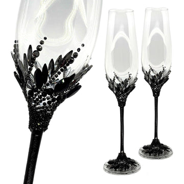 Gothic Wedding Champagne Flutes Set, Black Crystal Decorated Toasting Glasses, Mr and Mrs Hand-Decorated, 2 Pieces