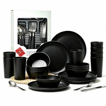 YARRGGU 24pcs Matte Black Dinnerware Set, Plates Bowls & Cups, Unbreakable Dishes for 8, Reusable BPA?Free Tableware, Dishwasher Safe for Kitchen Party Picnic Camping, Bonus Cutlery Set Included