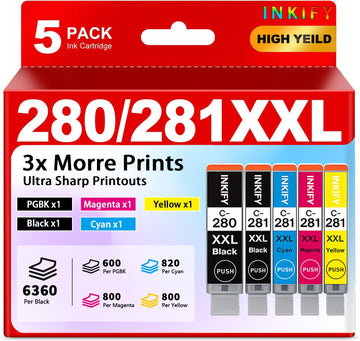 PGI-280XXL/CLI-281XXL Compatible Ink Cartridge Replacement for Canon Printer Ink 280 & 281 Cartridge for Canon PIXMA TR8620 TR8520 TR8600 TR8500 TR7520 TS6320 TS6220 TS6120 (5 Pack)