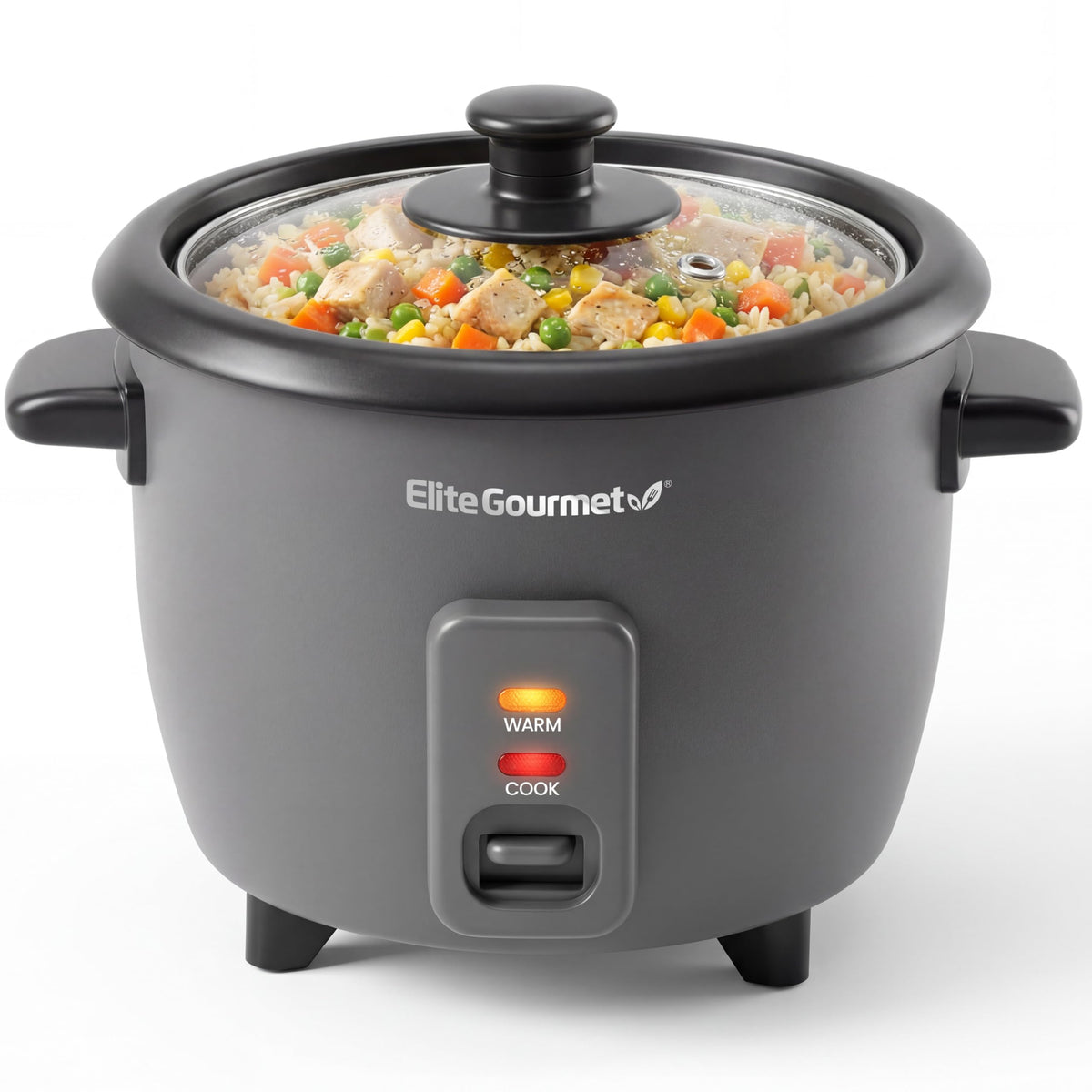 Elite Gourmet ERC6GC 6-Cup Ceramic Rice Cooker, PFAS-Free Ceralast™ Nonstick Inner Pot, Auto Keep Warm, Tempered Glass Lid, One-Touch Cook, BPA-Free Measuring Cup & Spatula, Dark Grey