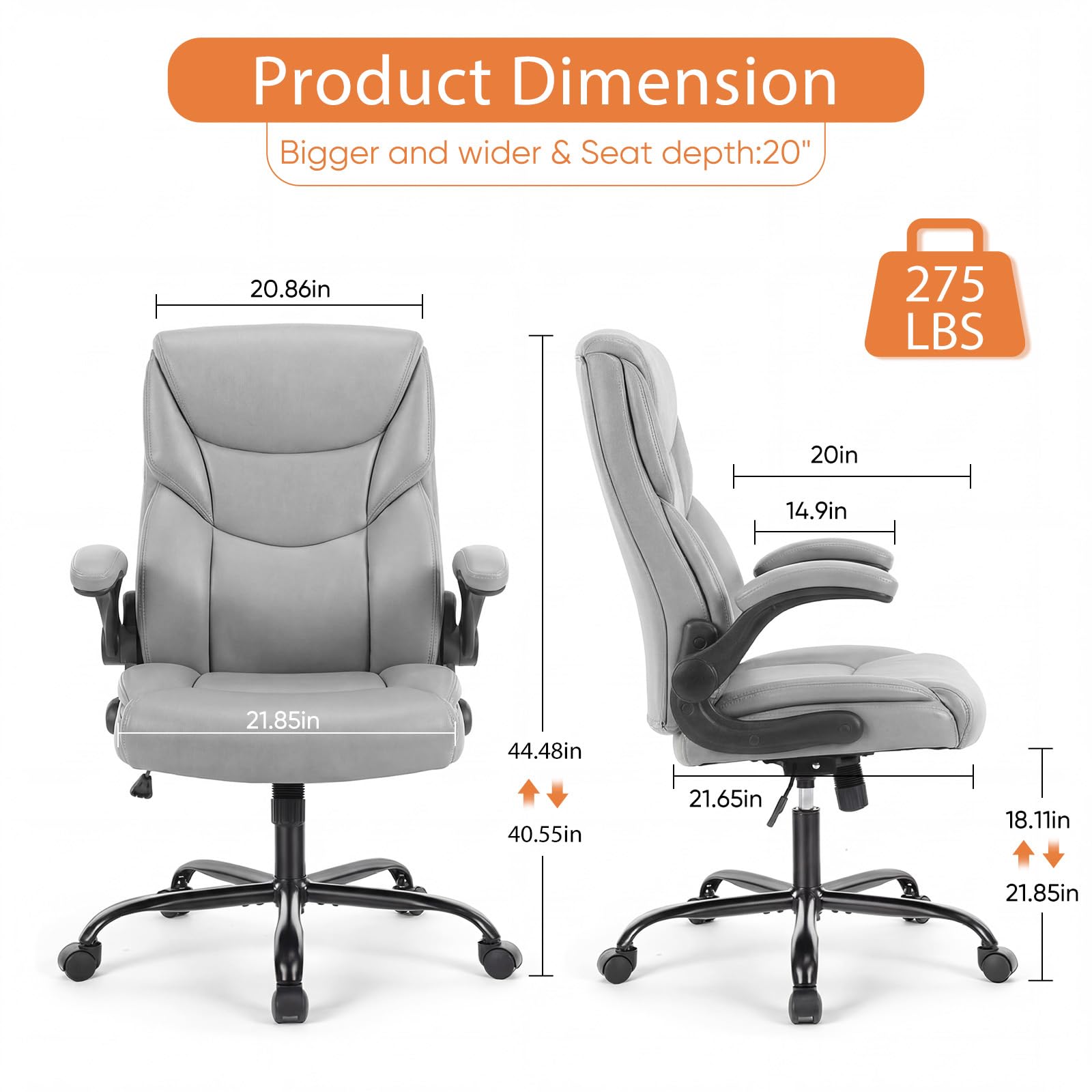 Sweetcrispy Office Desk Chair, Heavy Duty Computer Chair, Pu Leather, 20" L x 21.85" W x 44.48" H, Grey
