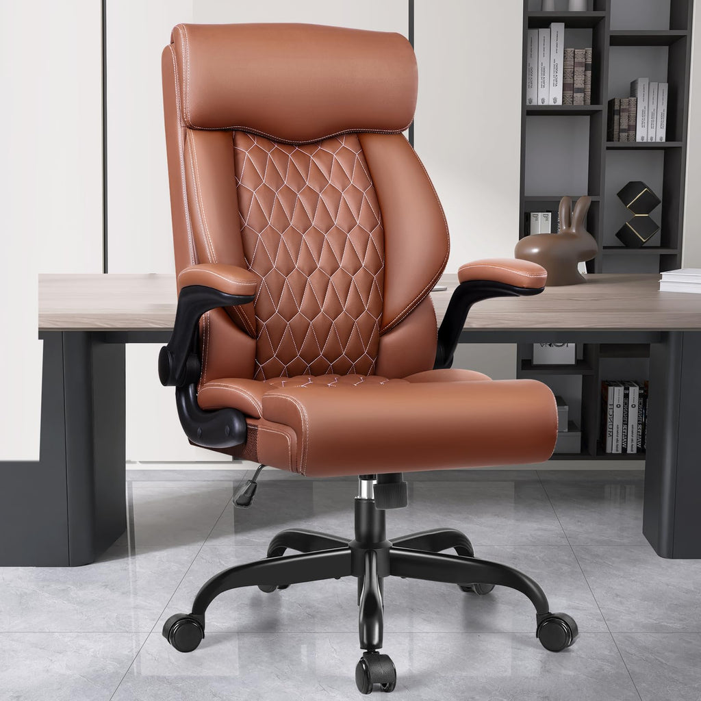 High Back Executive Office Chair - Ergonomic Computer Desk with Rocking Function, Leather Managerial with Adjustable Flip-up Armrests and