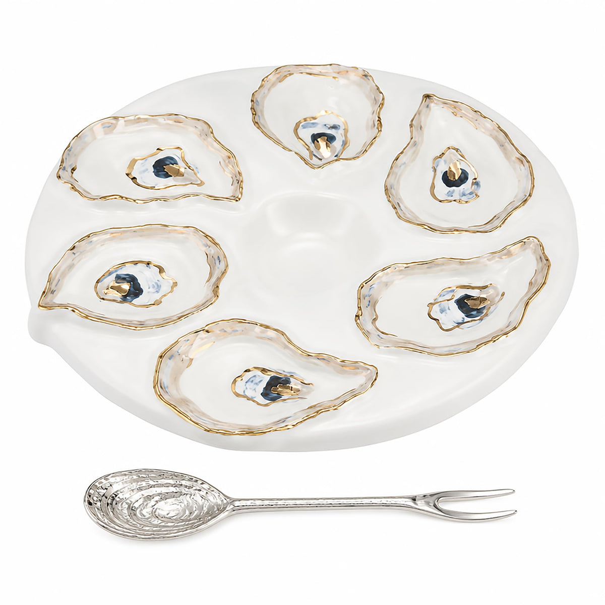 Mud Pie Oyster Server Set; server 10 1/2" dia | spoon 5 1/2"